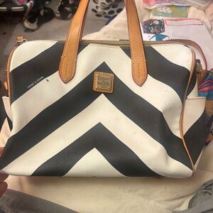 Dooney & Bourke Black and White Chevron Satchel with Tan Trim